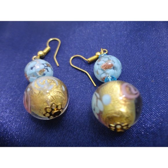 Murano Glass Bead Double Strand Necklace Bracelet Earring Set Blue Gold Stauer - Picture 4 of 11